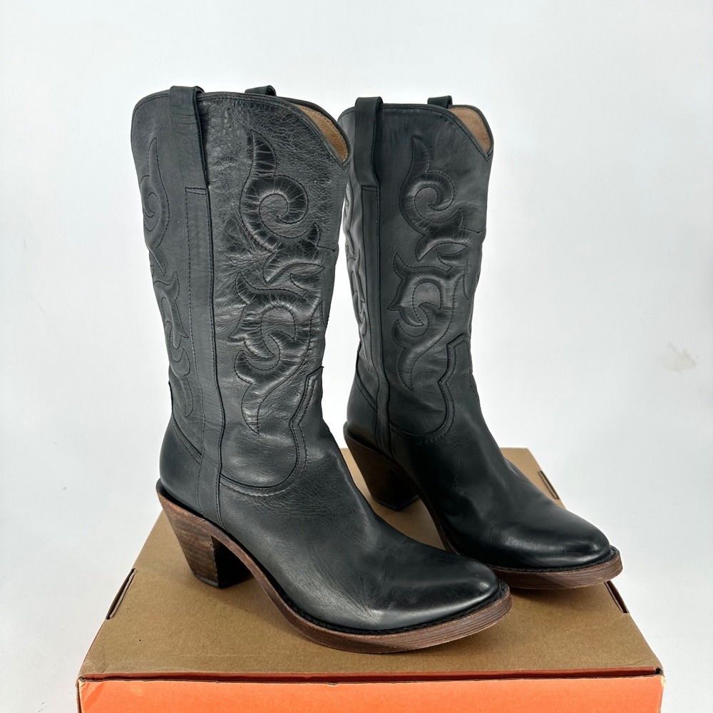 Spirit By Lucchese Black Embroidered Stella Leather Block Heel Western Boots 6 M